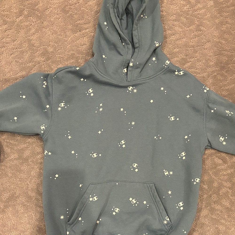 Space-Themed Blue Hoodie with Stars and Rockets